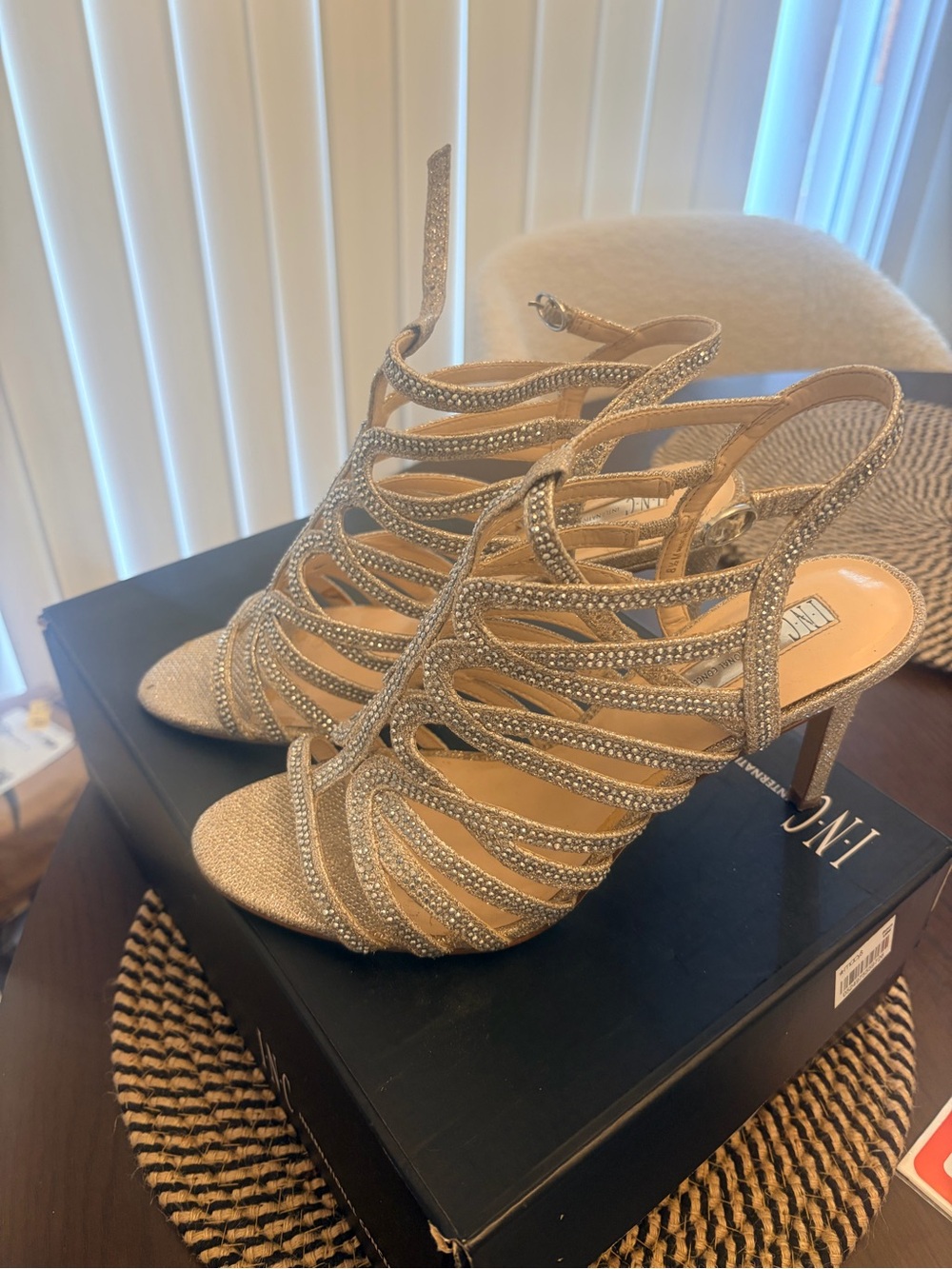 INC International Concepts Gold Rhinestone Strappy Stiletto Sandals
